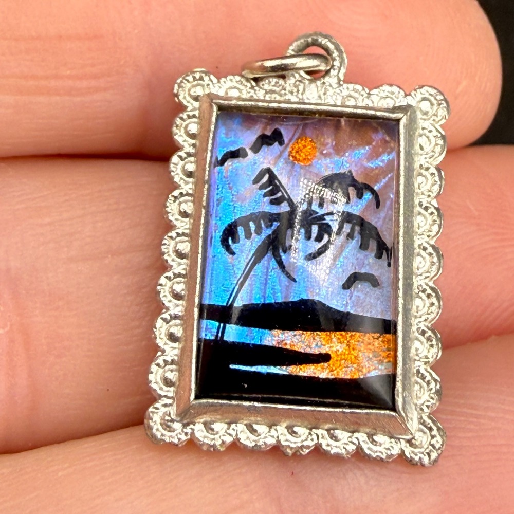 Vintage Butterfly Wing Pendant 2 Sided Morpho Blue Purple Palm Pine Tree
